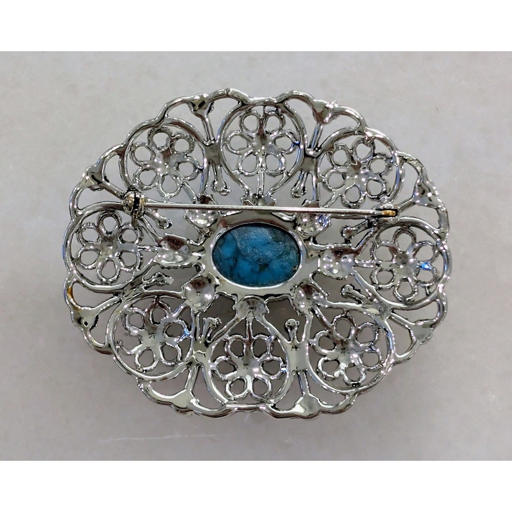 Vintage 1970s Silver Faux Turquoise Brooch Pin Western Southwest Style LT87 - Picture 2 of 5